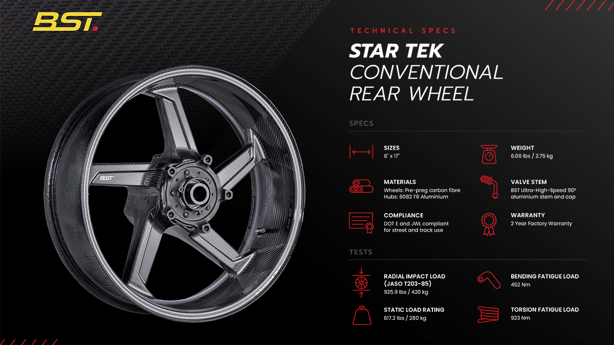 BST Aprilia RSV4 / Tuono V4 (2015+) Carbon Wheels Set "STAR TEK" (3.5" x 17" Front; 6" x 17" Rear)